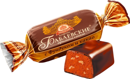 Бабаевские оригинальные с фундуком и какао 14 г Помадно-халвичная начинка с добавлением какао и вкраплениями дробленого фундука, покрытая шоколадом
