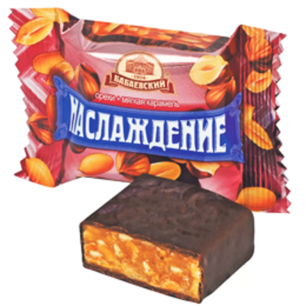 Наслаждение с мягкой карамелью 23 г Мягкие карамельные конфеты с кусочками арахиса и фундука, покрытые тонкой шоколадной глазурью